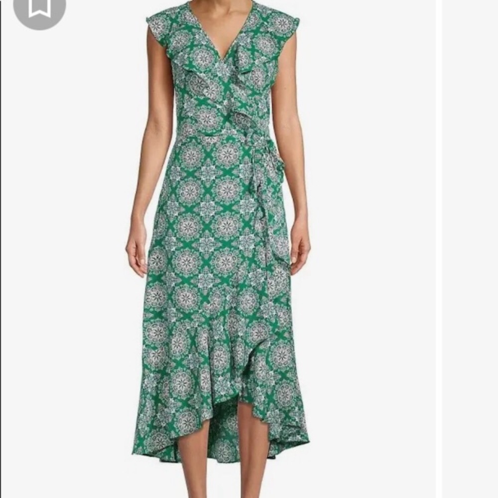 Max Studio Green and White Printed Wrap Midi Dress